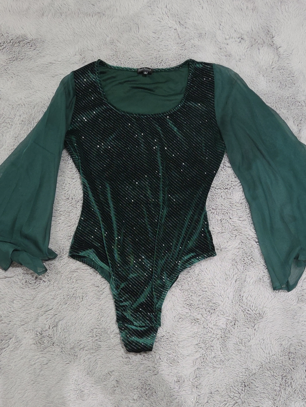 Unique Vintage Smak Parlour Green Velvet Sparkle Bodysuit with Sheer Sleeves